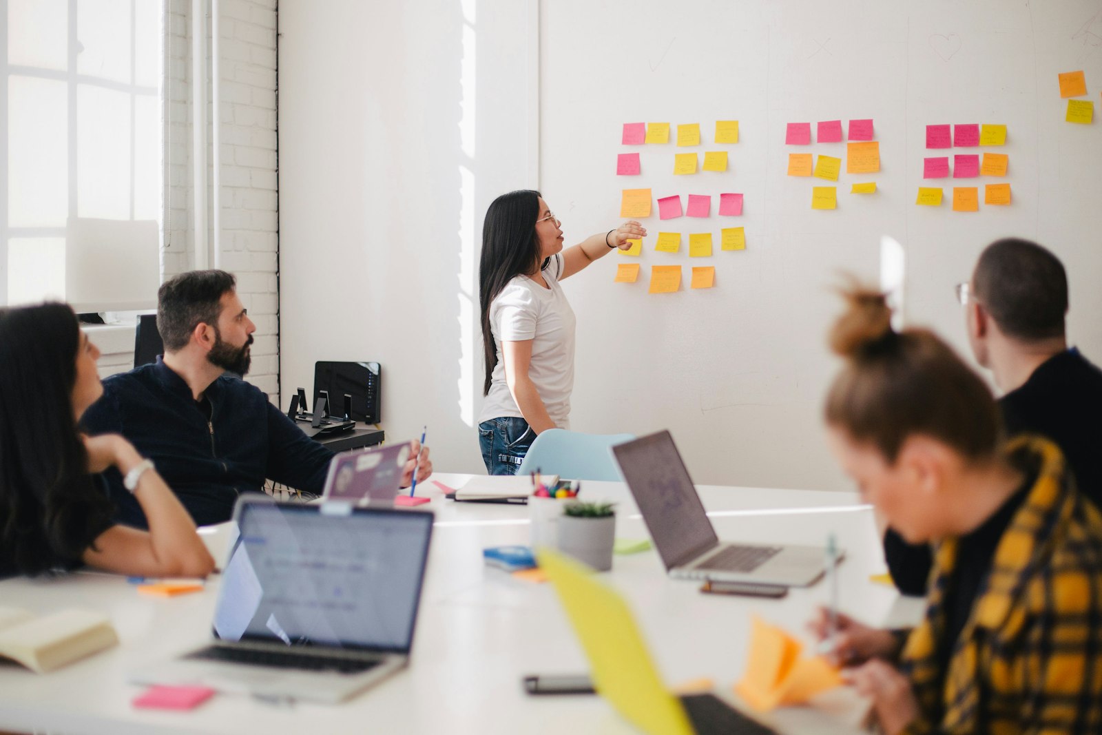 Team planning workflows on a whiteboard