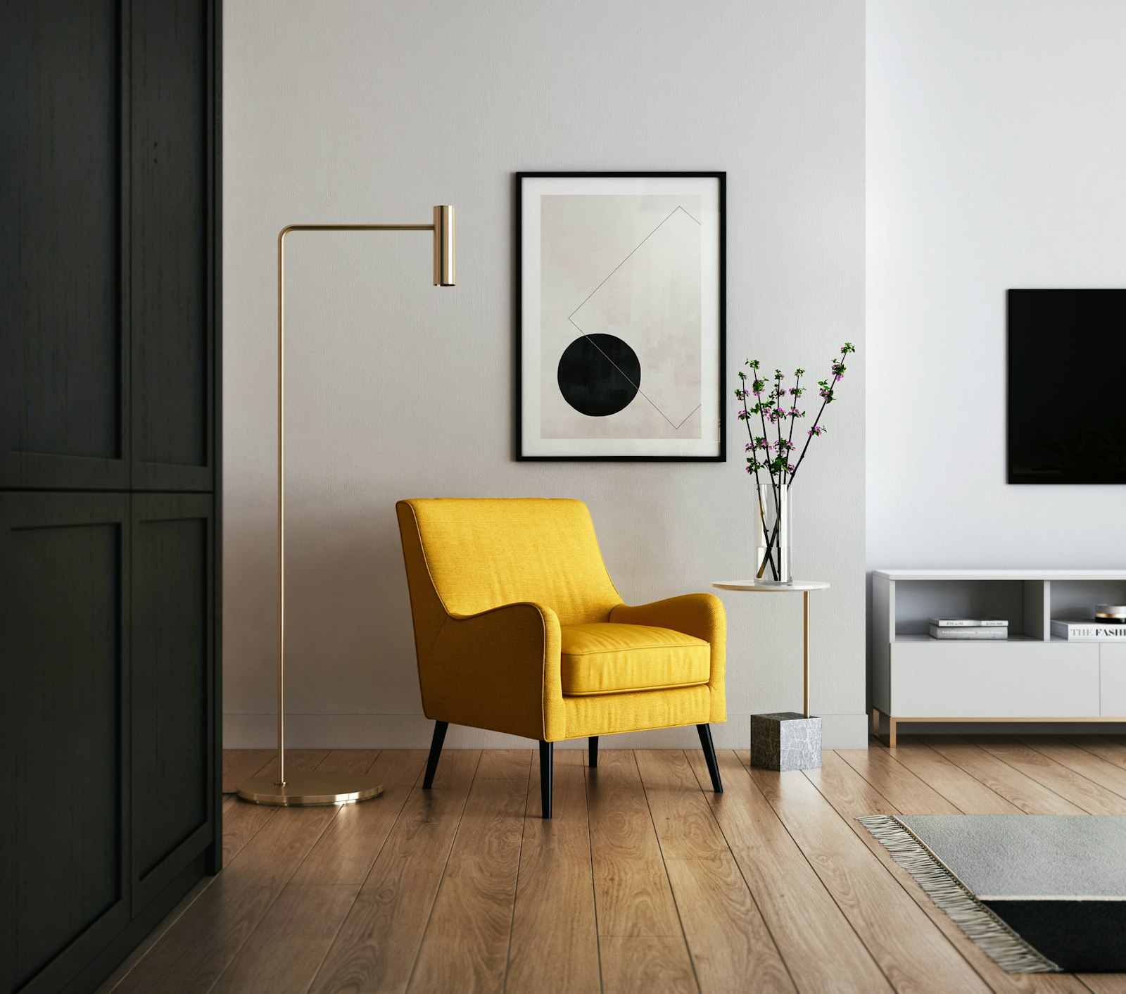 Styled interior with yellow armchair