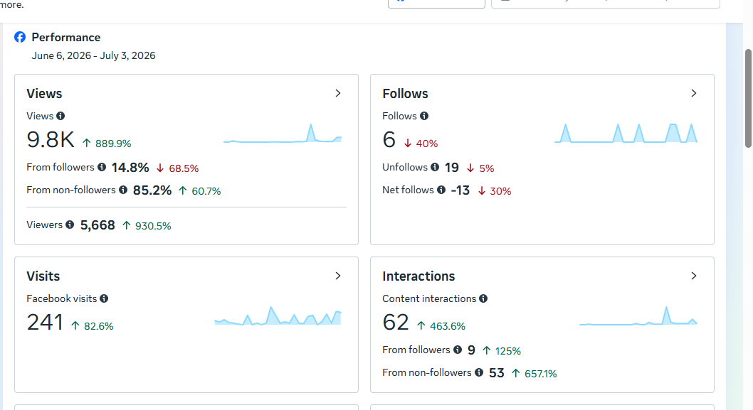 Facebook page performance report showing 9.8K views