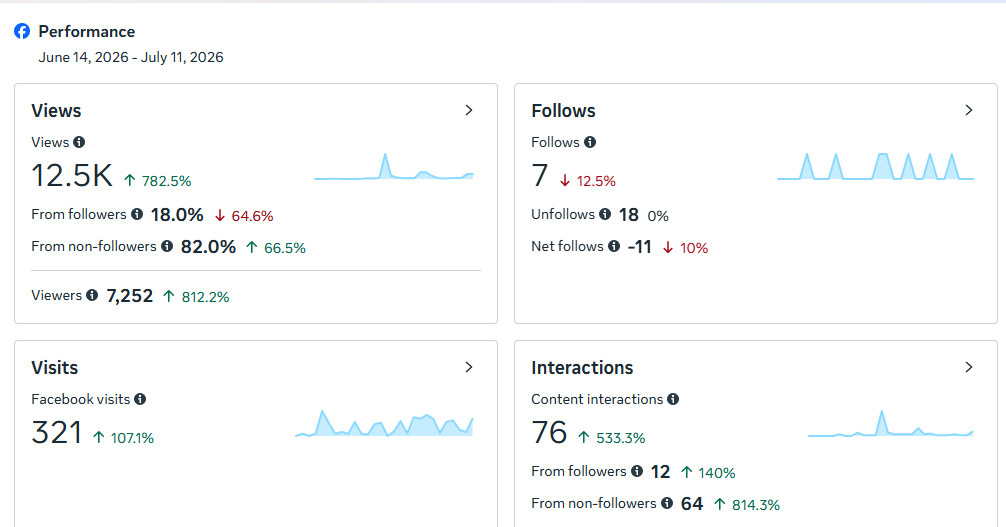Facebook performance panel showing 12.5K views and rising visits