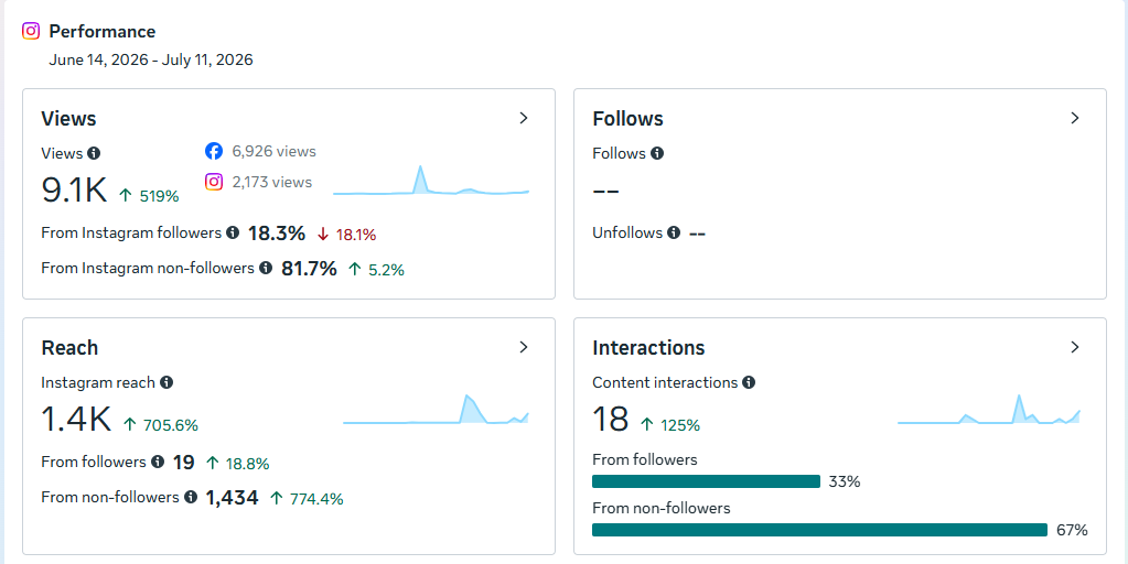 Instagram performance showing views and reach growth
